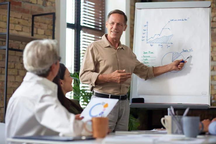 Pearl Lemon sales manager presenting performance charts to the team during an office meeting.