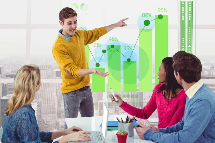 Pearl Lemon sales analyst presenting growth metrics to the team with projected performance charts in the background.